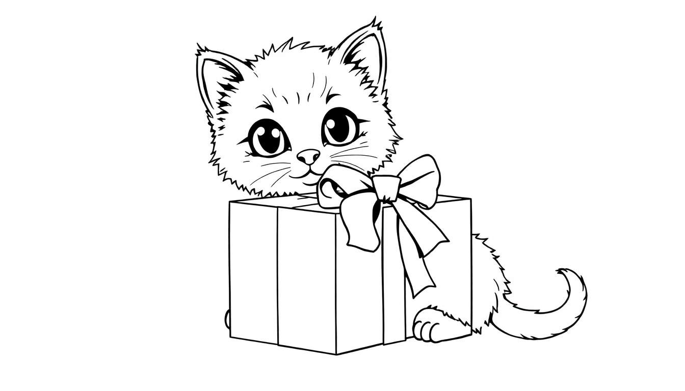 Placa de color: Un lindo gatito curioso mirando desde una caja de regalo.