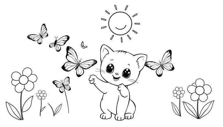 Placa de color para niños de un gatito saludando rodeado de mariposas y flores bajo un sol sonriente.