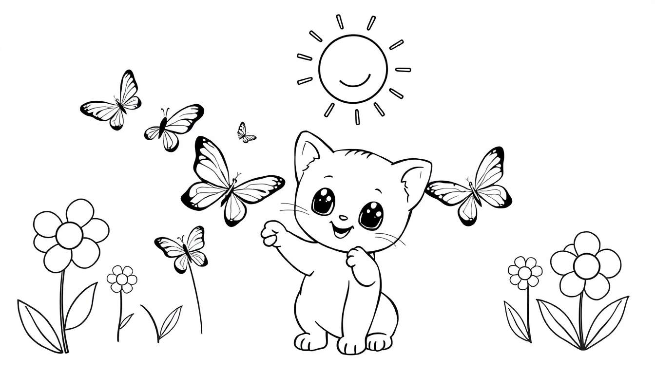 Placa de color para niños de un gatito saludando rodeado de mariposas y flores bajo un sol sonriente.