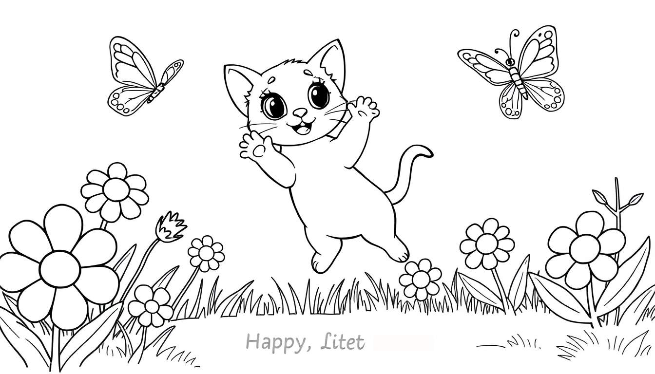 Placa de color de un gato juguetón saltando con mariposas y flores.
