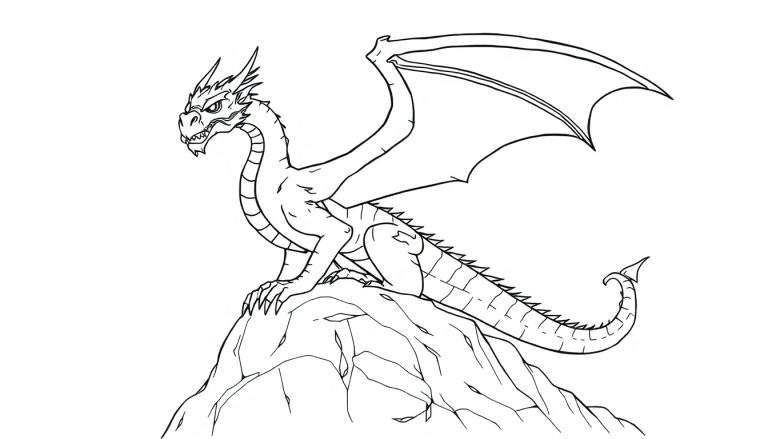 Placa de color de un dragón amenazante posado en una roca, listo para ser coloreado.