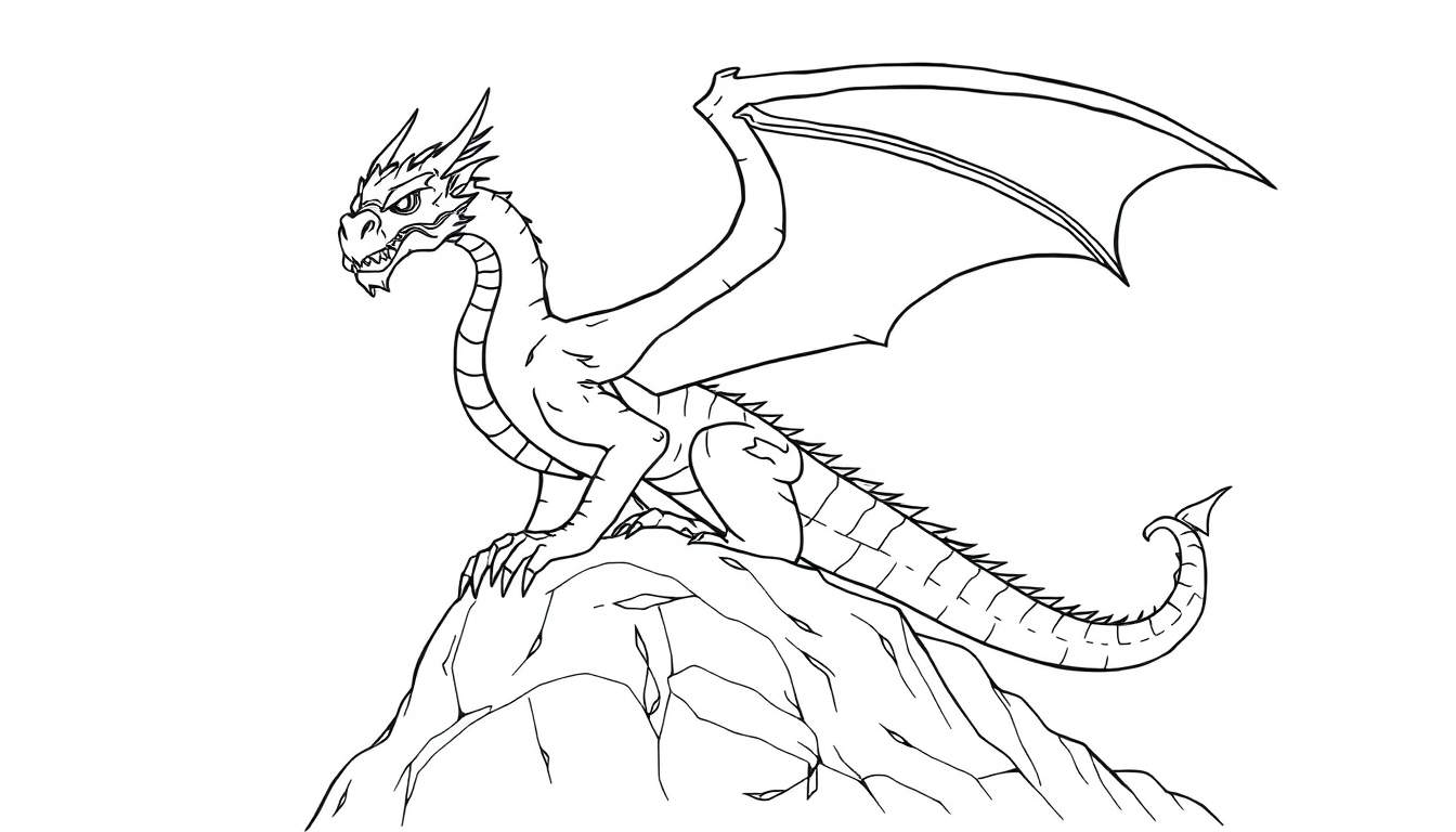 Placa de color de un dragón amenazante posado en una roca, listo para ser coloreado.
