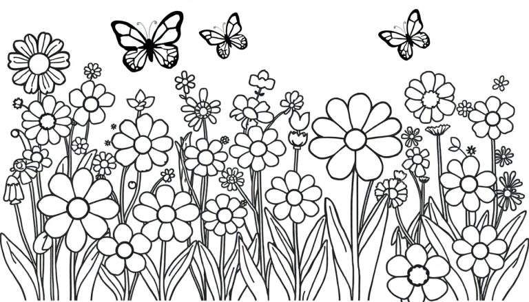 Placa de color de un jardín con flores y mariposas para colorear.