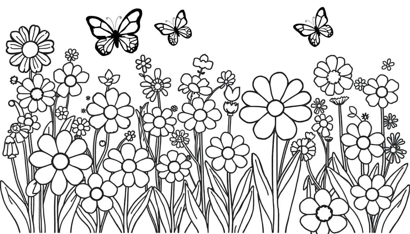Placa de color de un jardín con flores y mariposas para colorear.