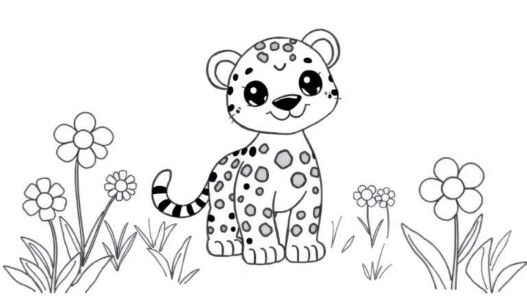 Un guepardo de dibujos animados listo para colorear en una placa de color con flores.