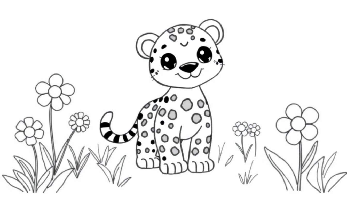 Un guepardo de dibujos animados listo para colorear en una placa de color con flores.