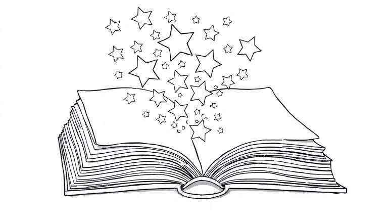 Placa de color de un libro mágico abierto de donde salen estrellas.