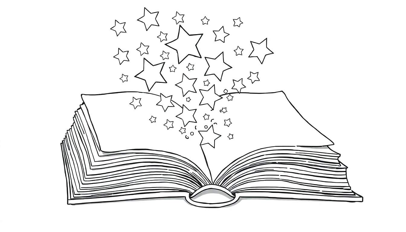 Placa de color de un libro mágico abierto de donde salen estrellas.