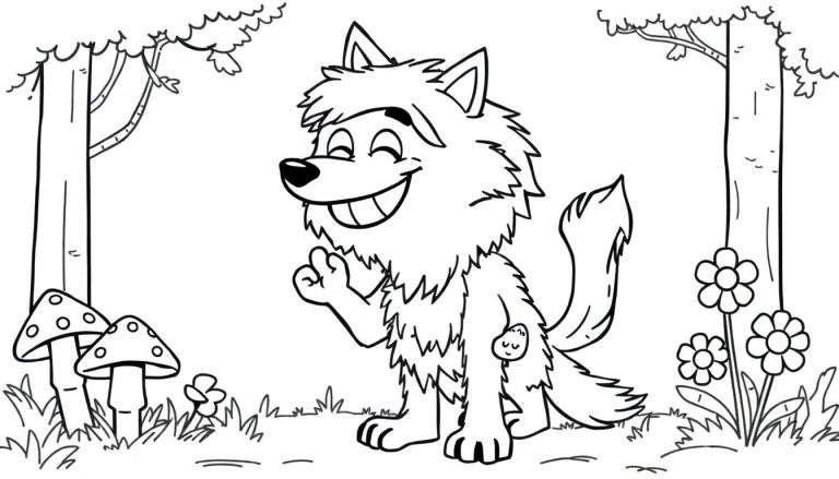 Placa de color de un lobo amigable saludando con una pata.
