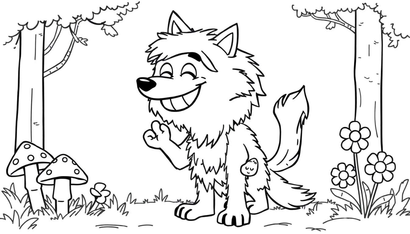 Placa de color de un lobo amigable saludando con una pata.
