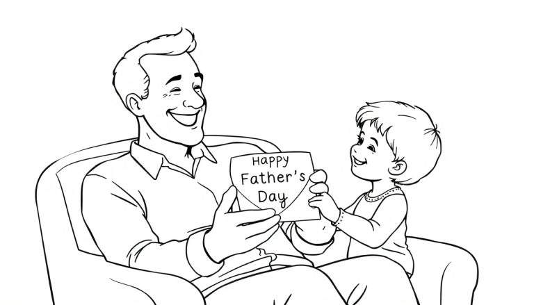 Placa de color en blanco y negro de un padre e hijo sonriendo, el niño entrega una tarjeta del Día del Padre.