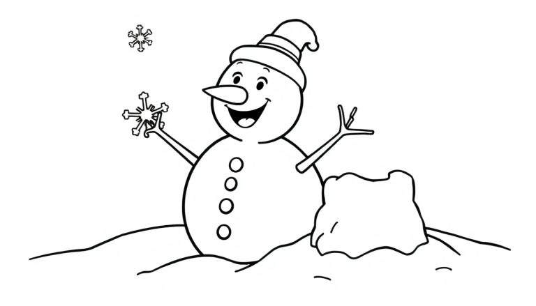 Placa de color para colorear: un muñeco de nieve feliz con un sombrero y brazos de ramitas, sosteniendo un copo de nieve, en un paisaje nevado.