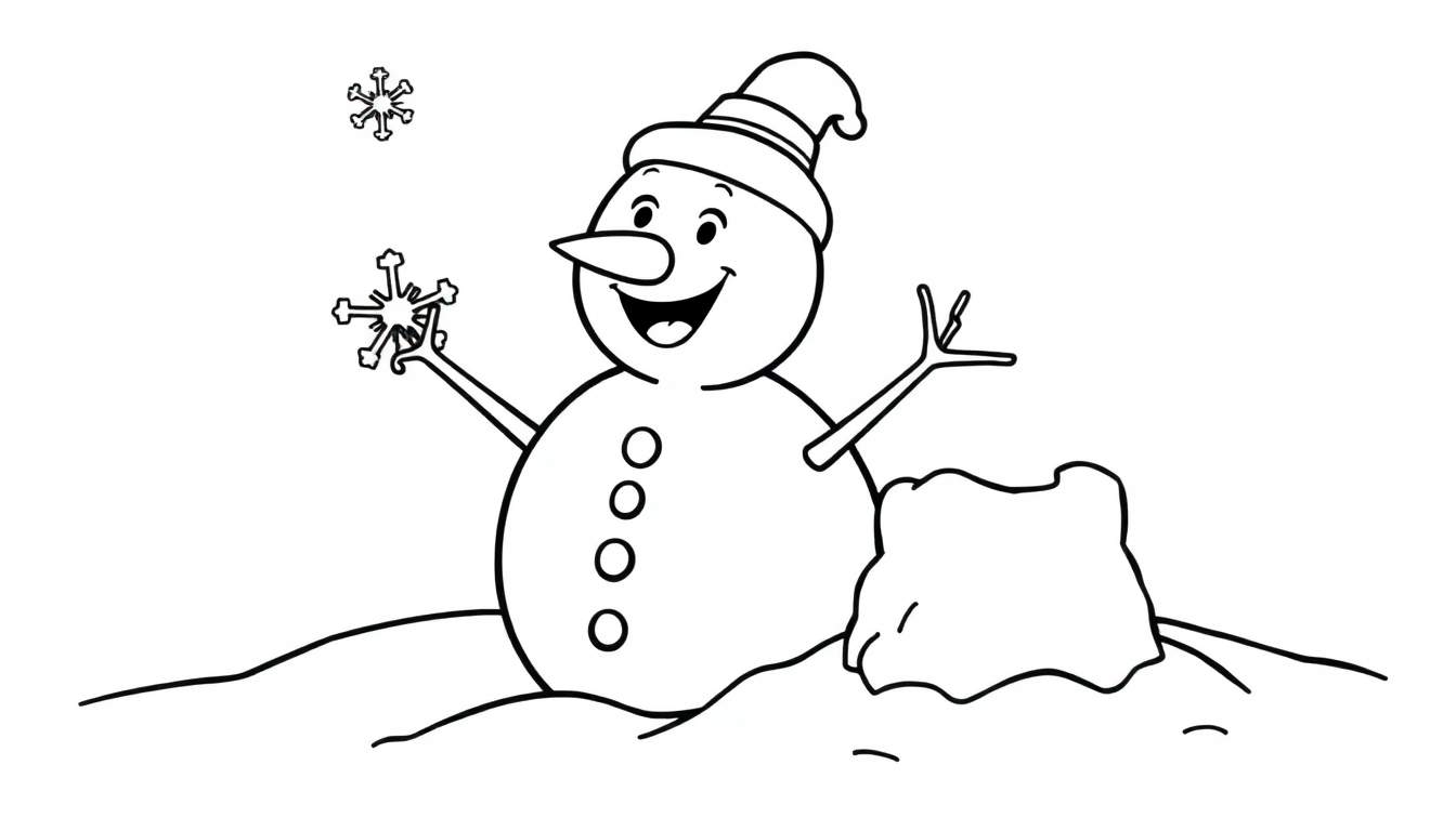 Placa de color para colorear: un muñeco de nieve feliz con un sombrero y brazos de ramitas, sosteniendo un copo de nieve, en un paisaje nevado.