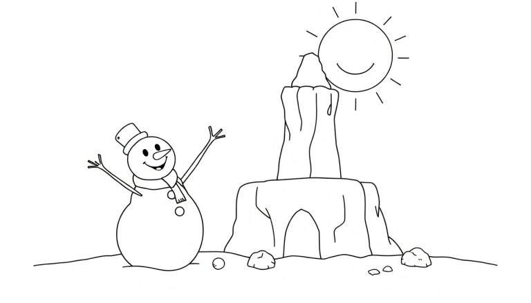 Placa de color de un muñeco de nieve sonriente haciendo un castillo de arena que se derrite bajo el sol sonriente.