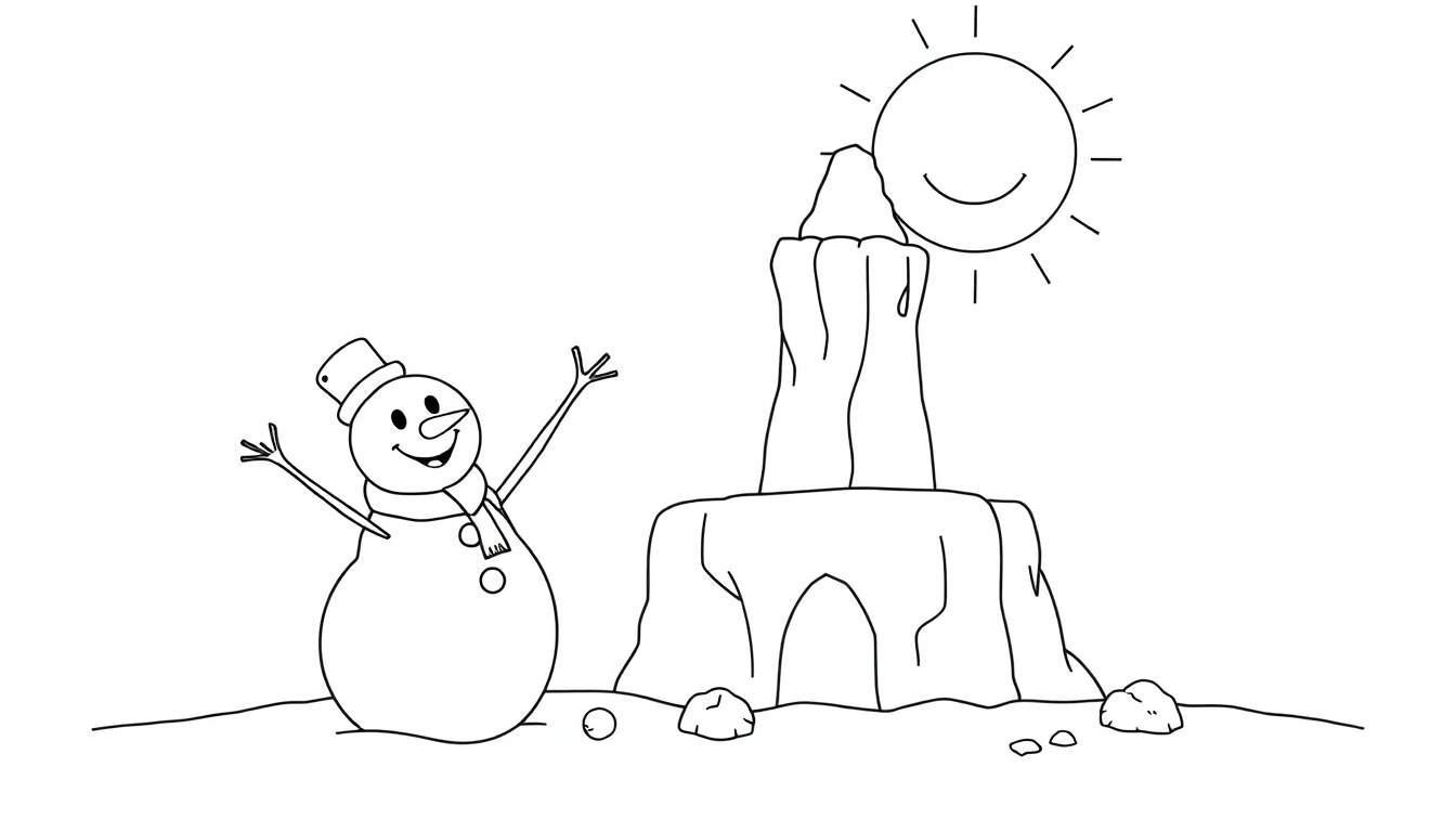 Placa de color de un muñeco de nieve sonriente haciendo un castillo de arena que se derrite bajo el sol sonriente.