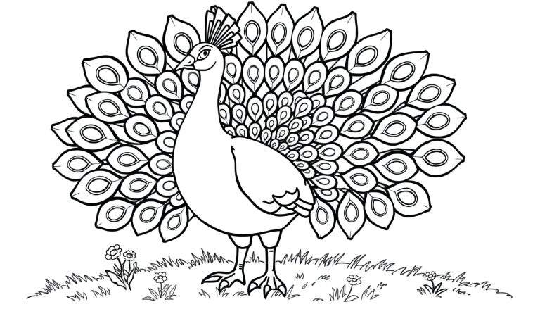 Placa de color de un pavo real con cola desplegada.