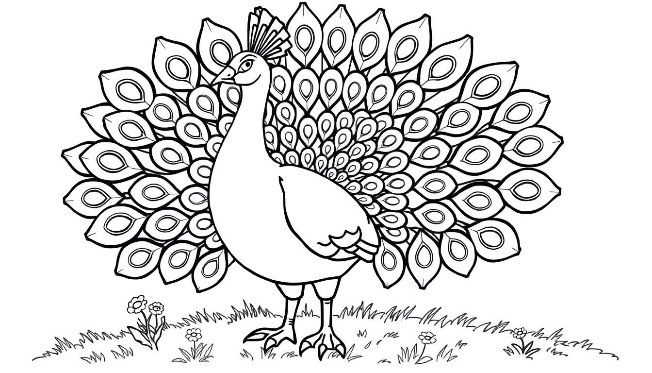 Placa de color de un pavo real con cola desplegada.