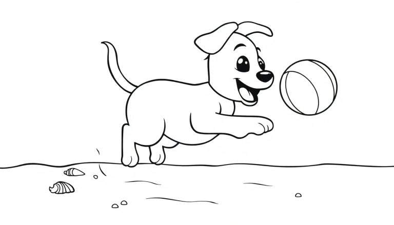 Un cachorro de caricatura jugando con una pelota en la playa, listo para colorear en esta placa de color.