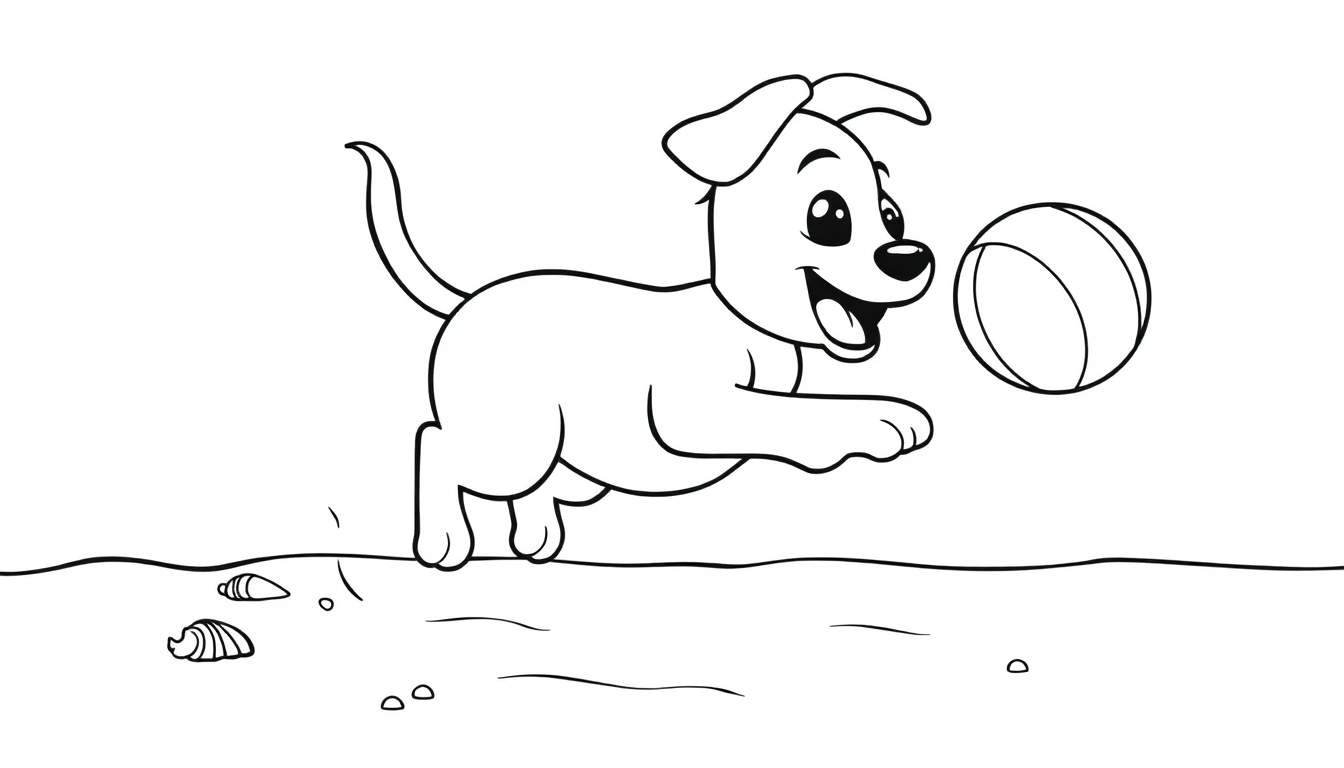 Un cachorro de caricatura jugando con una pelota en la playa, listo para colorear en esta placa de color.