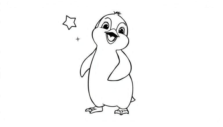 Pingüino de dibujos animados cantando, con una placa de color para colorear.