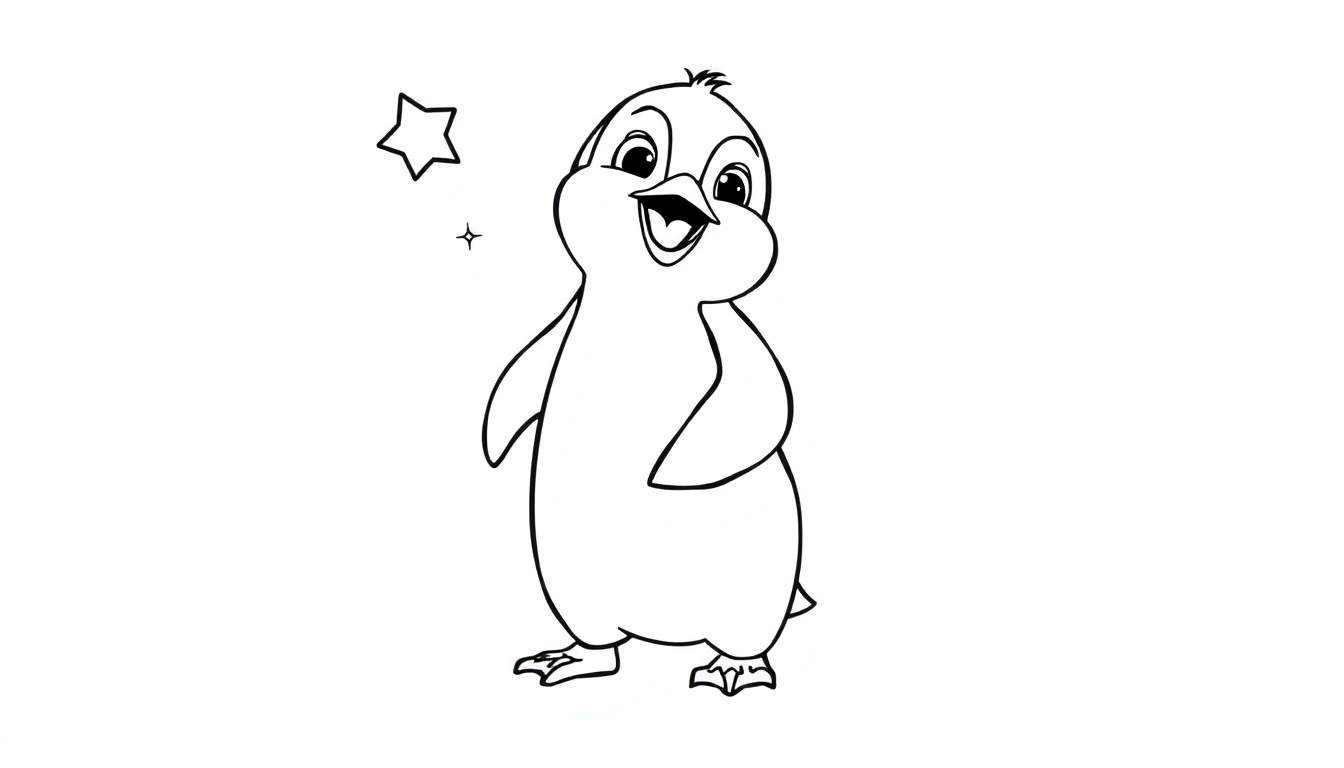 Pingüino de dibujos animados cantando, con una placa de color para colorear.