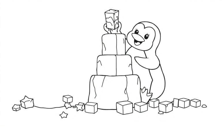 Pingüino construyendo una torre de hielo, página para colorear.