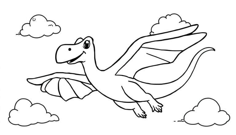 Placa de color de un pteranodon sonriente volando entre nubes.