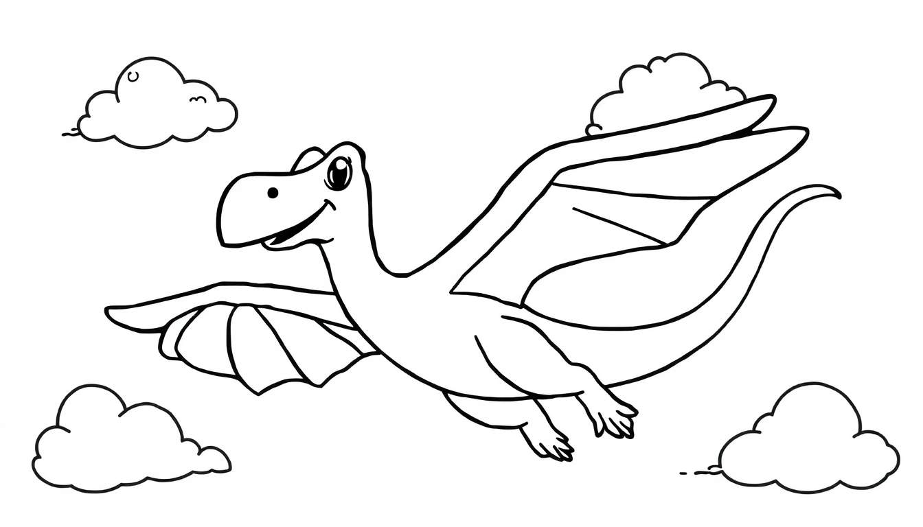 Placa de color de un pteranodon sonriente volando entre nubes.