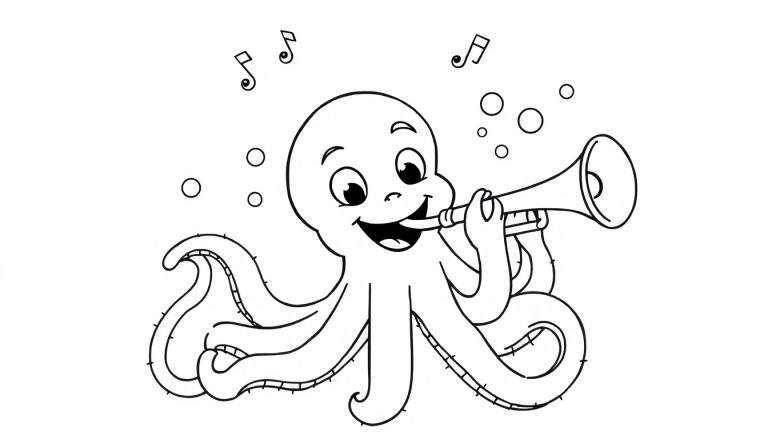 Placa de color de un pulpo feliz tocando la trompeta.