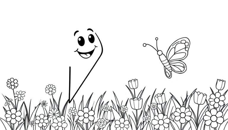 Placa de color de un rayo sonriente persiguiendo una mariposa entre flores.