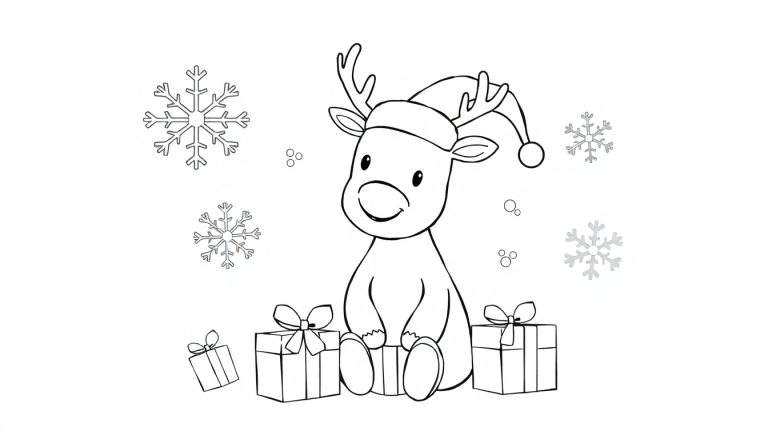 Una placa de color de un adorable reno navideño sentado con un gorro de Papá Noel, rodeado de regalos y copos de nieve.