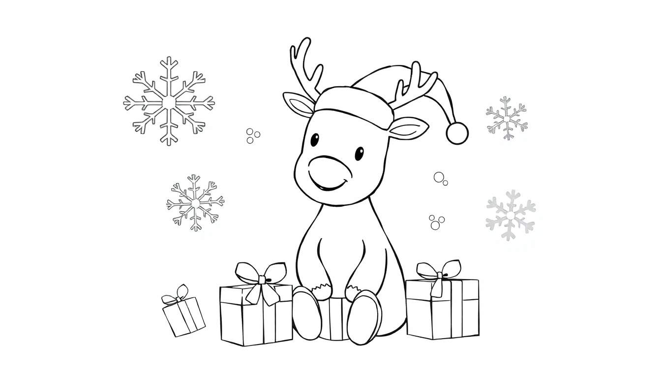 Una placa de color de un adorable reno navideño sentado con un gorro de Papá Noel, rodeado de regalos y copos de nieve.