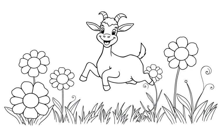 Placa de color de un cabrito feliz saltando entre flores.