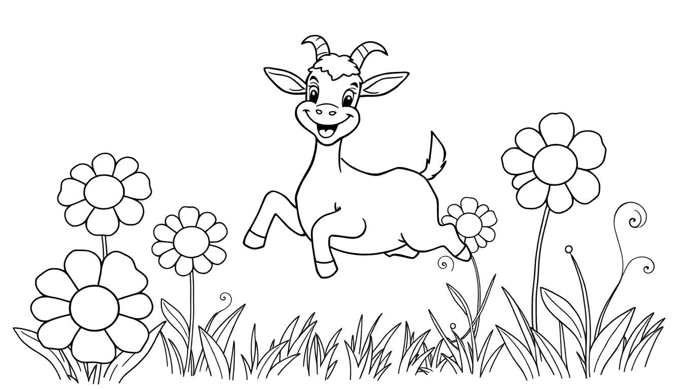 Placa de color de un cabrito feliz saltando entre flores.
