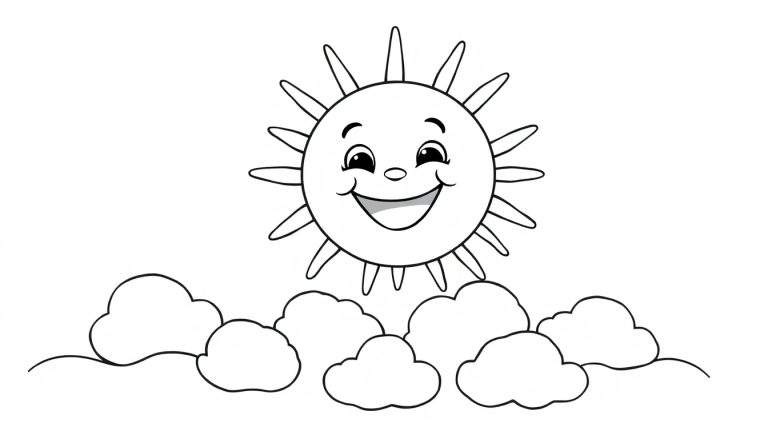Placa de color: un sol sonriente y amigable flotando sobre nubes esponjosas.
