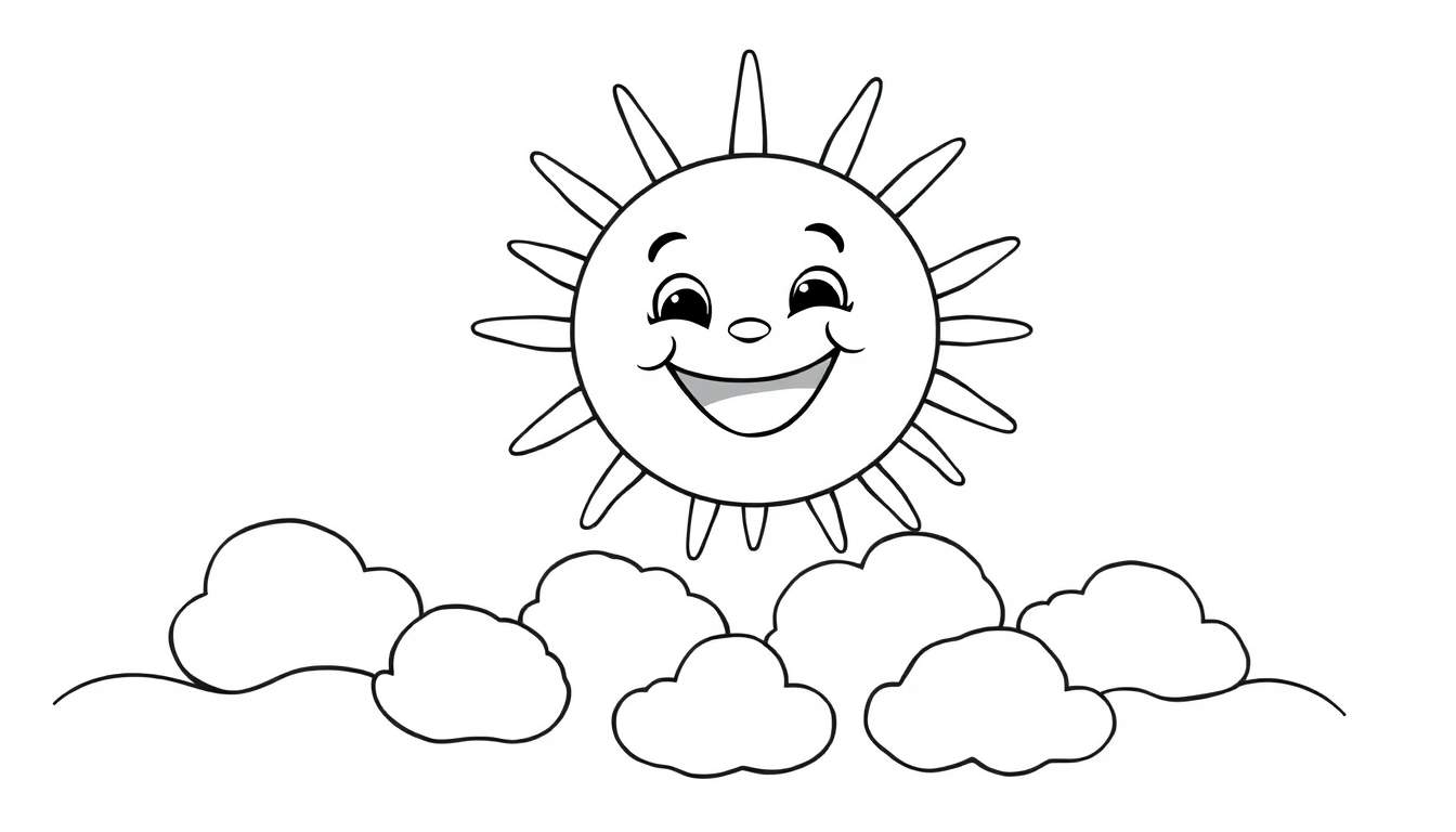 Placa de color: un sol sonriente y amigable flotando sobre nubes esponjosas.