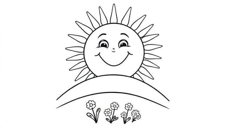 Placa de color: un sol sonriente asomándose por una colina con flores.