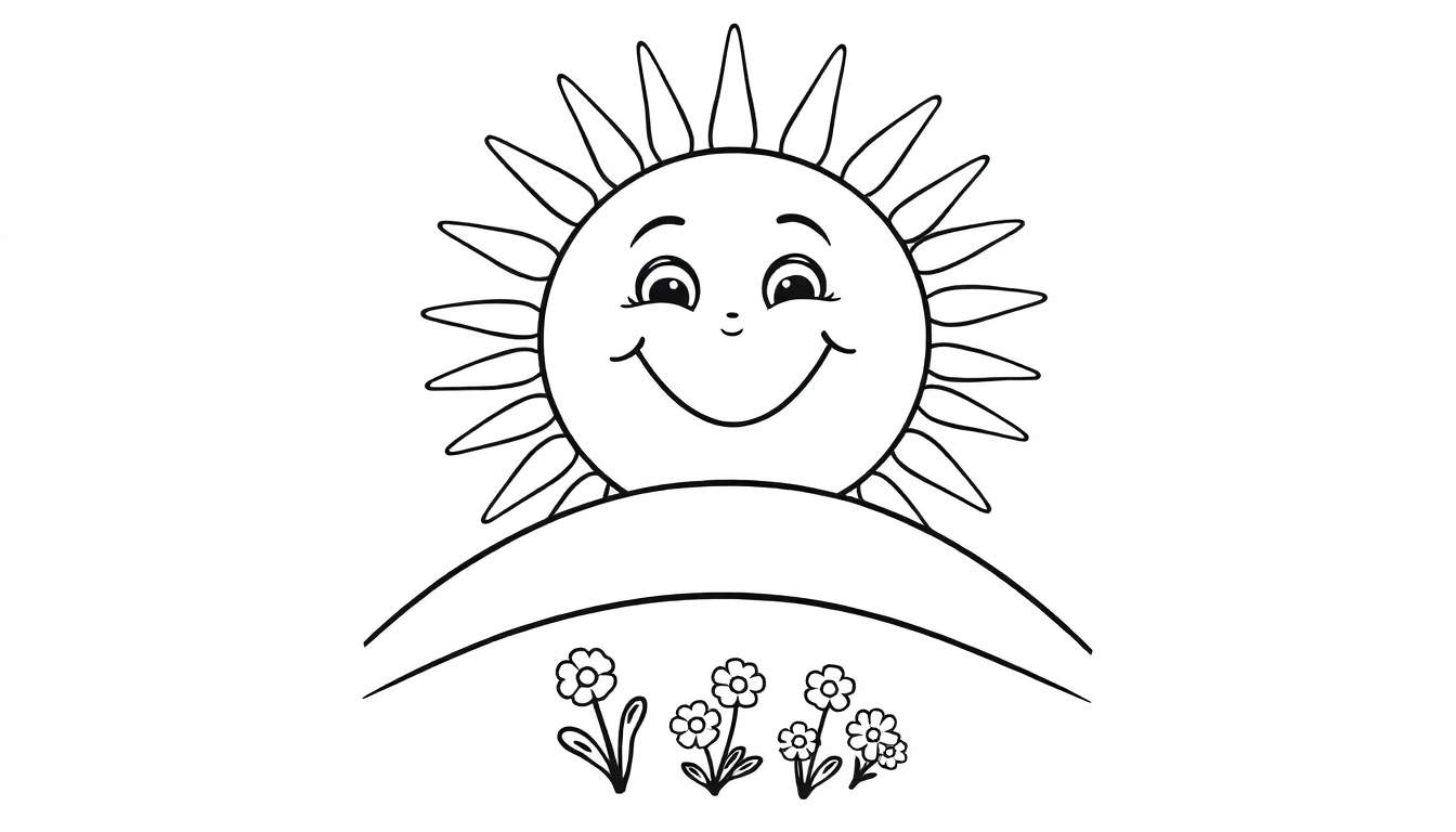 Placa de color: un sol sonriente asomándose por una colina con flores.