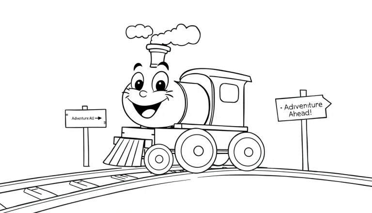 Placa de color de un tren de dibujos animados sonriente en una vía con señales de aventura.