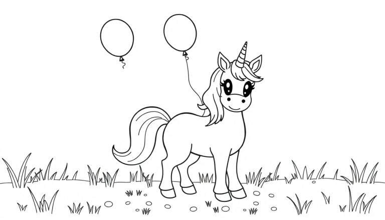 Placa de color de un unicornio amigable con globos