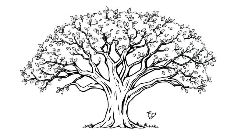 Placa de color de un árbol grande y frondoso con un pájaro en su base.