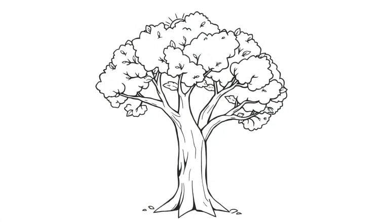 Un árbol de contorno en blanco y negro para colorear, perfecto para que los niños usen su placa de color.