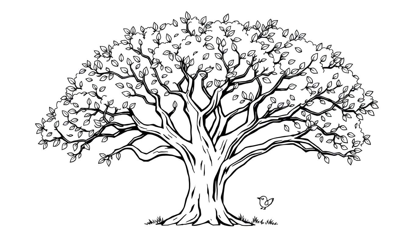 Placa de color de un árbol grande y frondoso con un pájaro en su base.