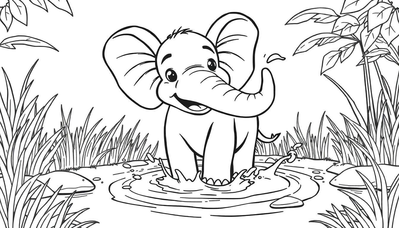 Placa de color de un elefante bebé jugando en el agua