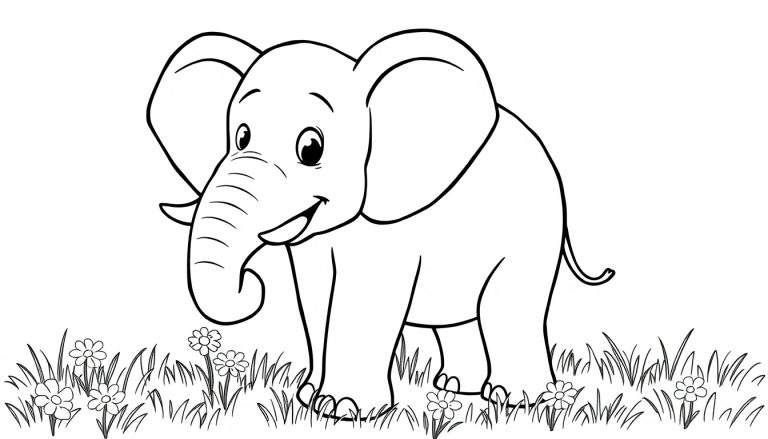 Placa de color de un elefante sonriente en un campo de flores.
