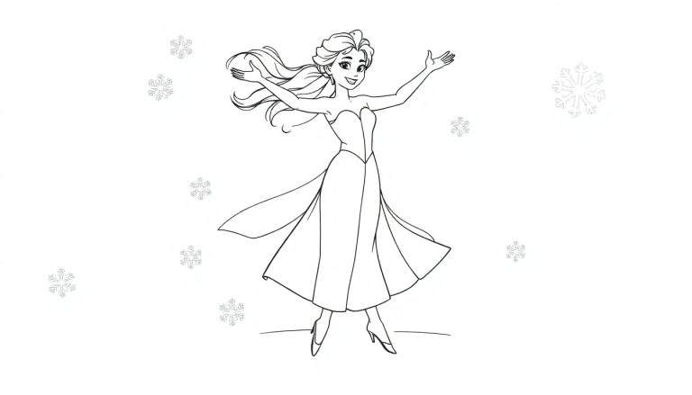 Placa de color de Elsa bailando feliz con copos de nieve.