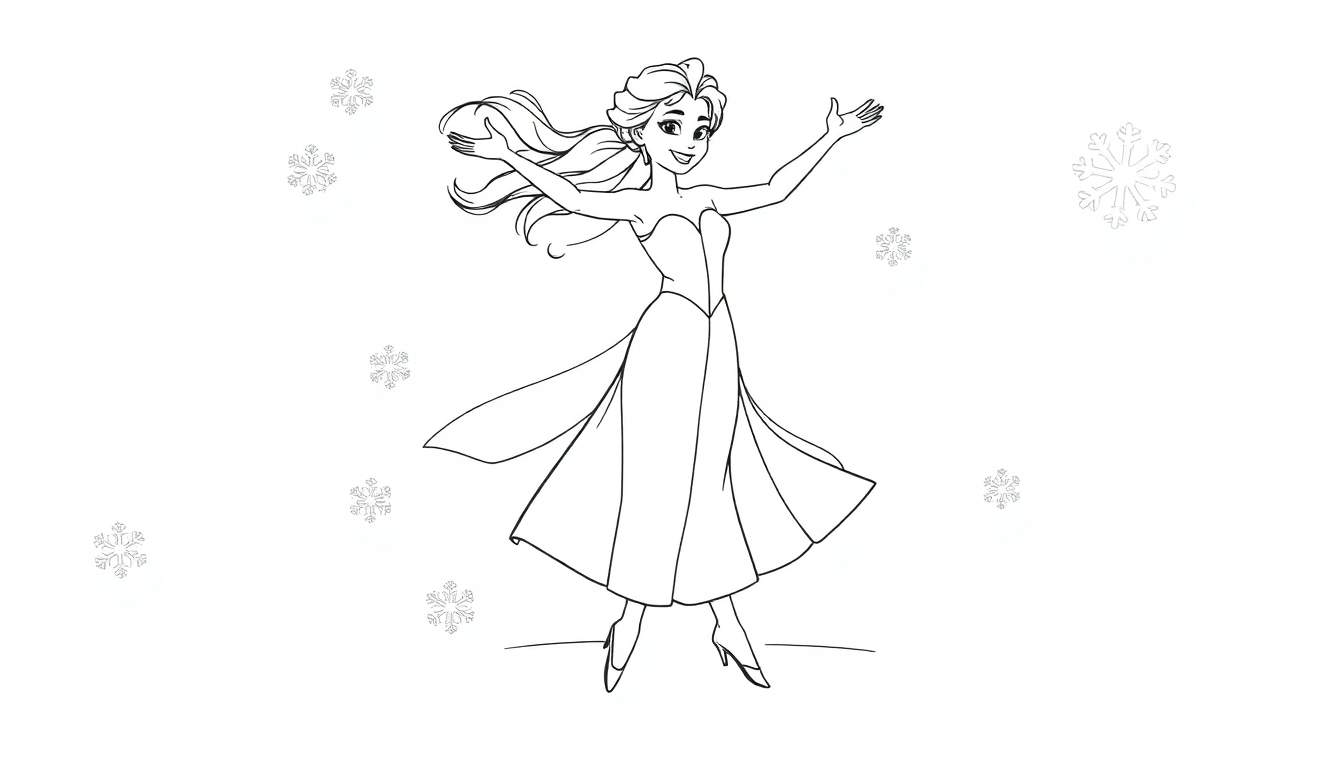 Placa de color de Elsa bailando feliz con copos de nieve.
