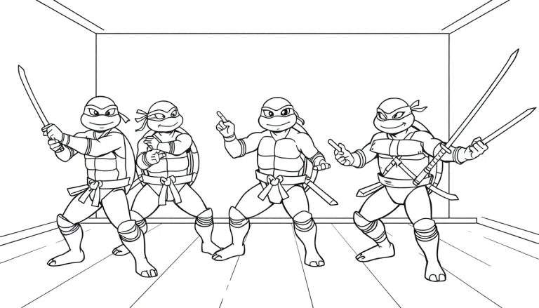 Placa de color de las Tortugas Ninja con armas.