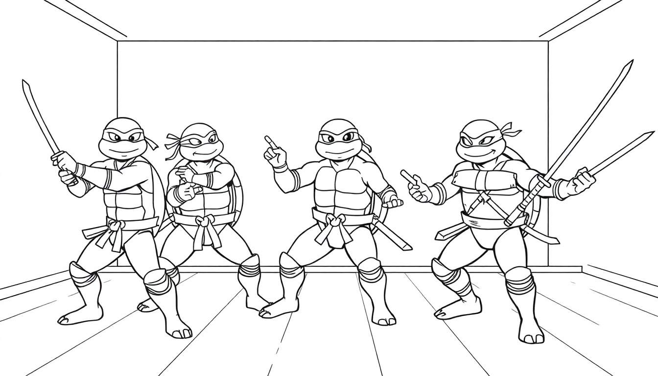 Placa de color de las Tortugas Ninja con armas.