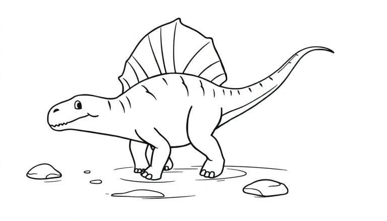 Un dinosaurio sonriente con una gran vela en la espalda, listo para ser coloreado en una placa de color.